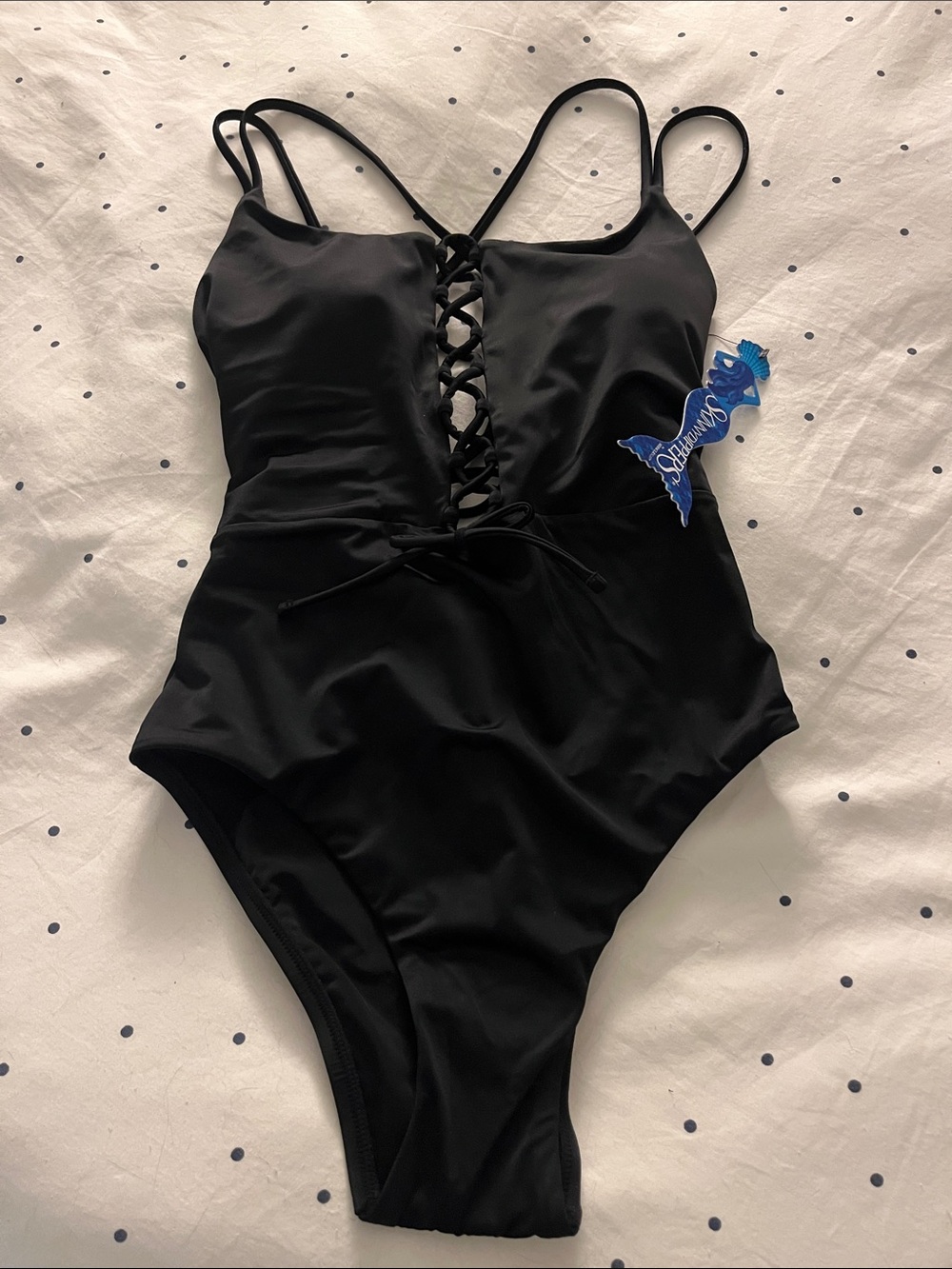 Lace-Up Black One-Piece Control Swimsuit